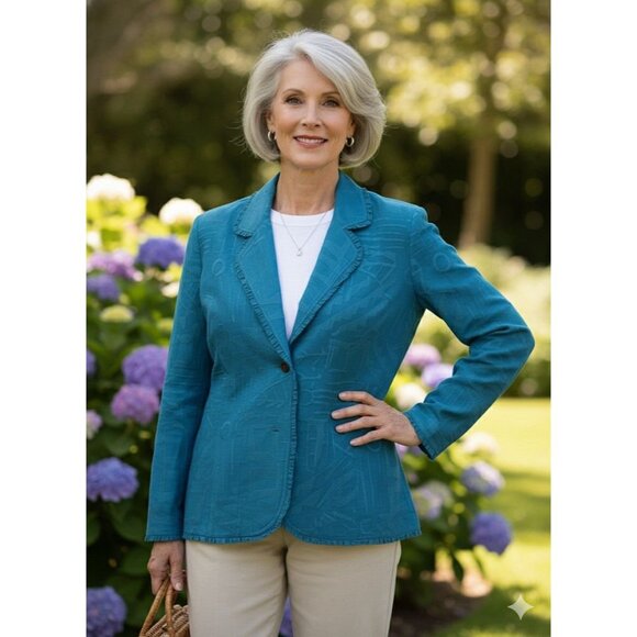 Chicos Turquoise Silk Linen Blend Jacket w Geometric Pattern Sz 1 (Sz 8) Sheer - Picture 1 of 4